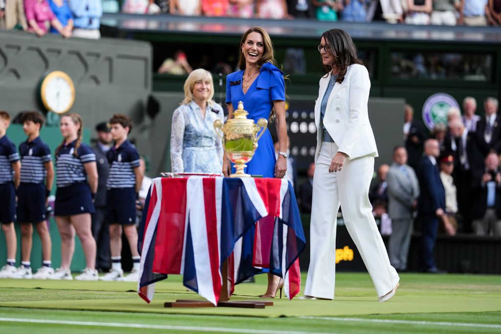 The Princess of Wales smiles after the shout out during Wimbledon 