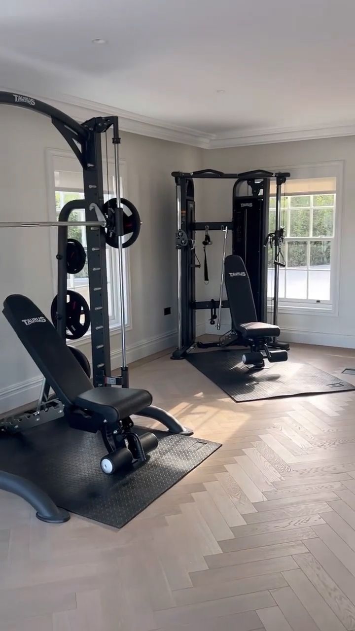 Mark Wright and Michelle Keegan's home gym with parquet flooring