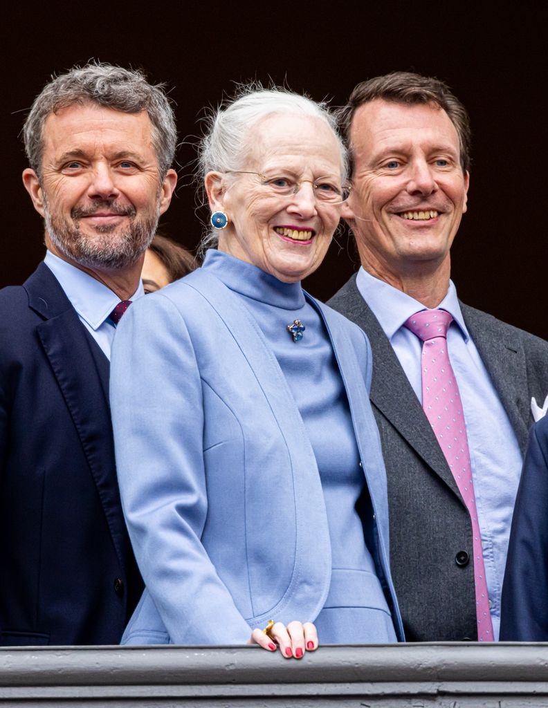  Queen Margrethe of Denmark, Crown Prince Frederik of Denmark and Prince Joachim of Denmark at the balcony of Amalienborg Palace at the 83th birthday of the Danish Queen on April 16, 2023