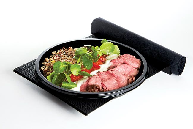 _Roast Beef Cold Plate with Quinoa Vegetable Salad, Cherry Tomatoes, Watercress with Old Fashioned Mustard Dressing