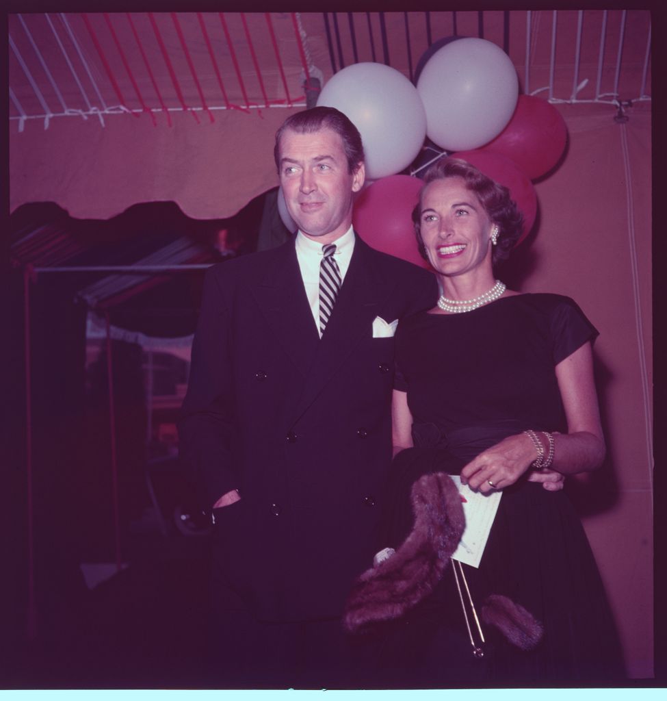 Actor Jimmy Stewart and his wife, Gloria, as they enter the Ice Follies dinner preceding the opening show at the Pan Pacific.