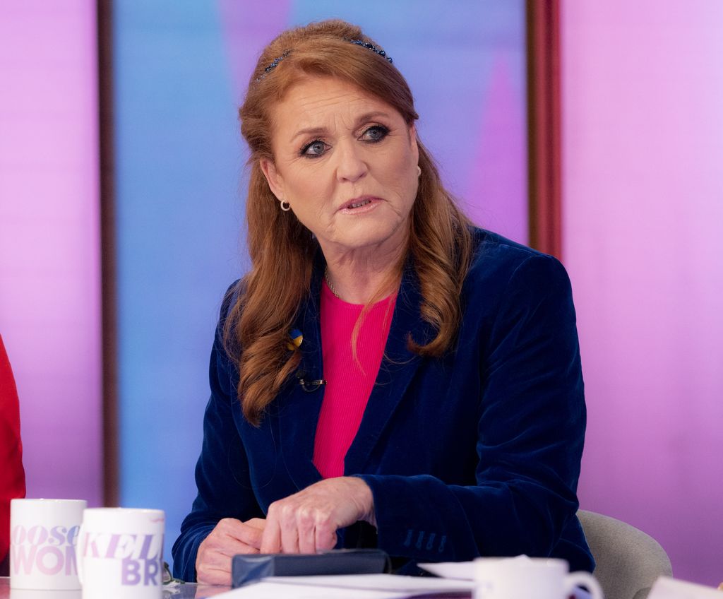 Sarah Ferguson in a pink top and blue blazer