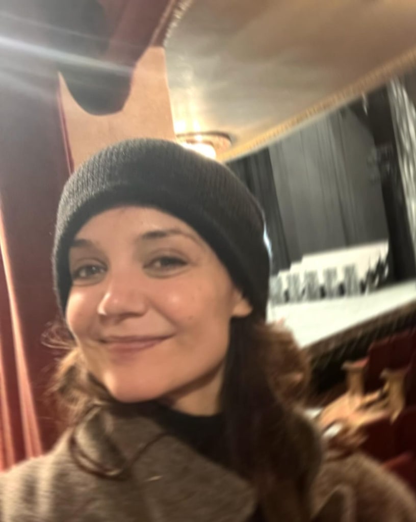 Selfie shared by Katie Holmes on Instagram December 2024 from an Our Town party