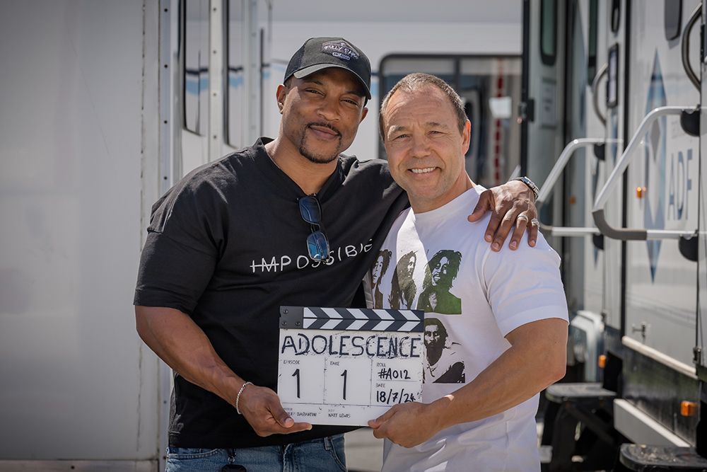 Stephen Graham and his co-star Ashley Walters on the set of Adolescence