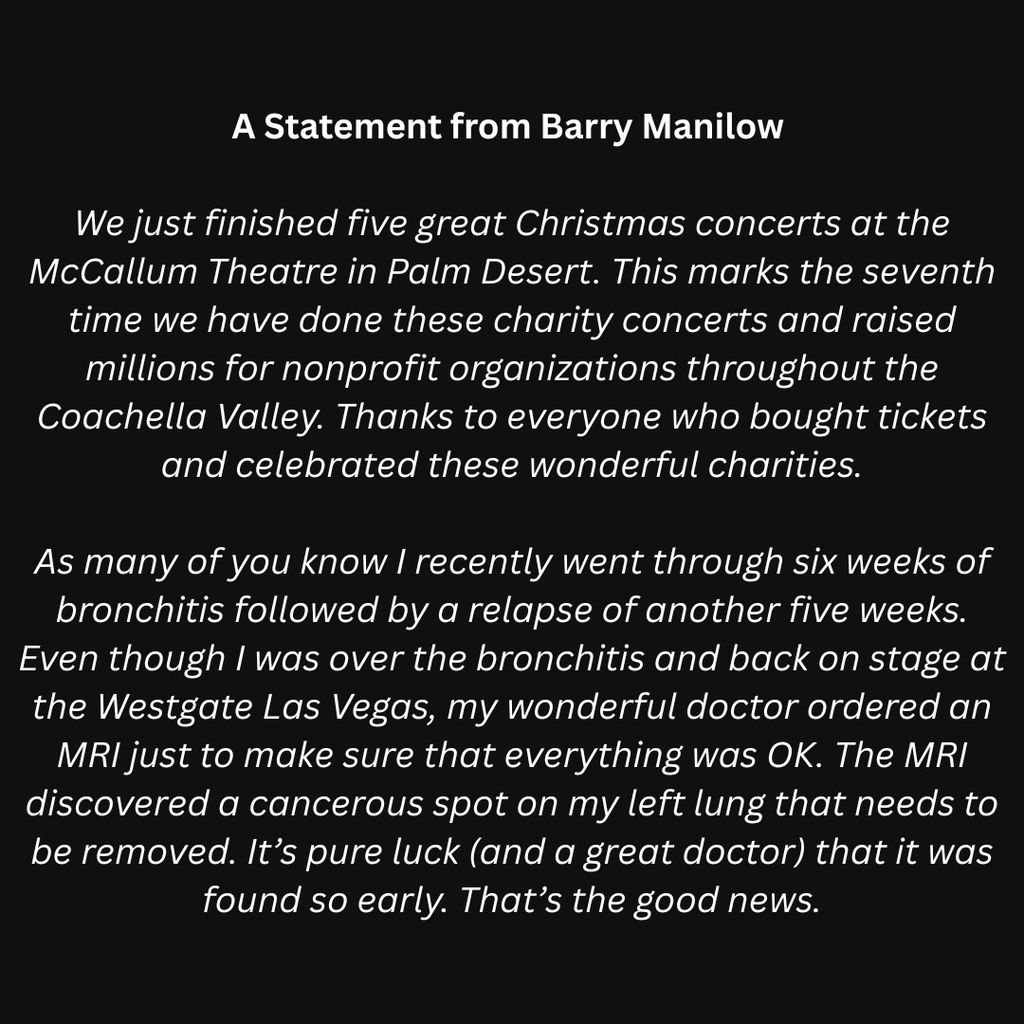 Barry Manilow statement on lung cancer