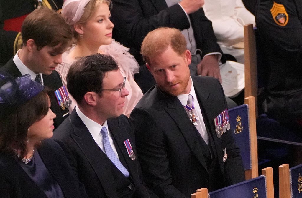 Harry seated next to Eugenie and Jack at Coronation