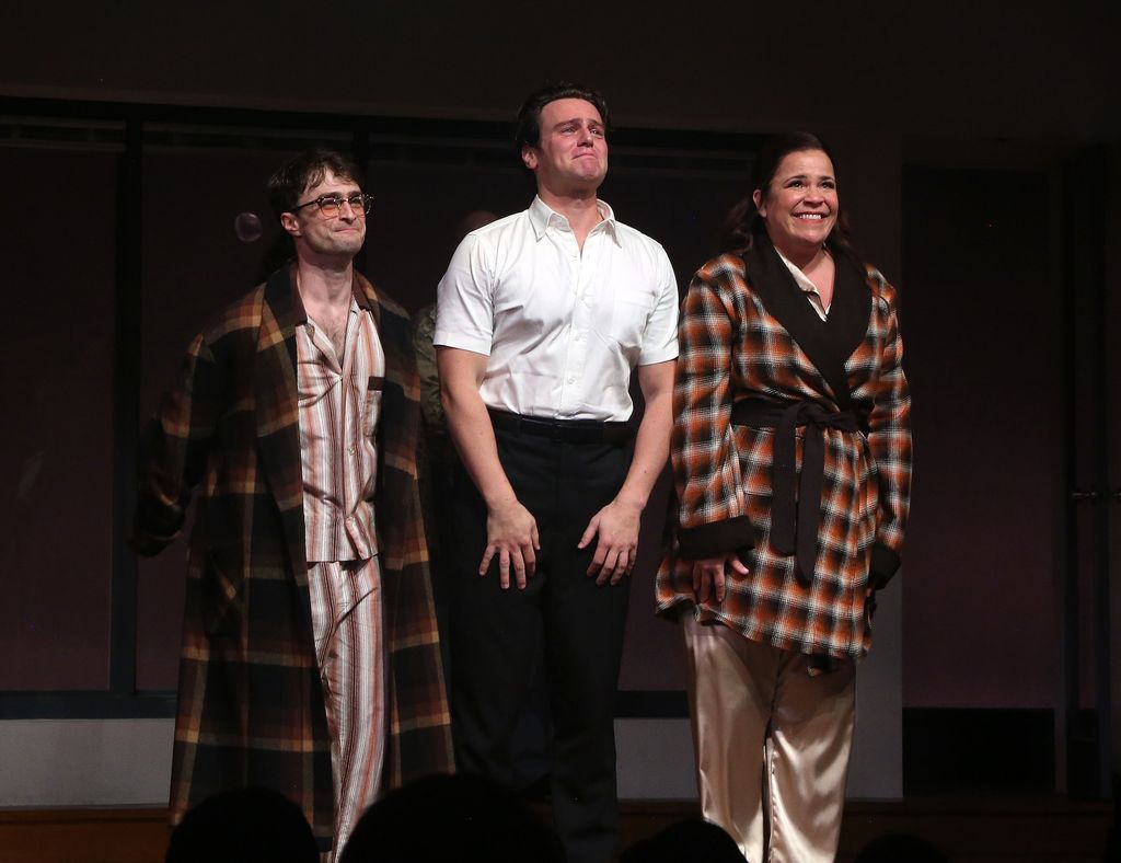 Daniel Radcliffe, Jonathan Groff and Lindsay Mendez during the opening night curtain call for "Stephen Sondheim's Merrily We Roll Along" on Broadway at The Hudson Theater on October 8, 2023 in New York City.