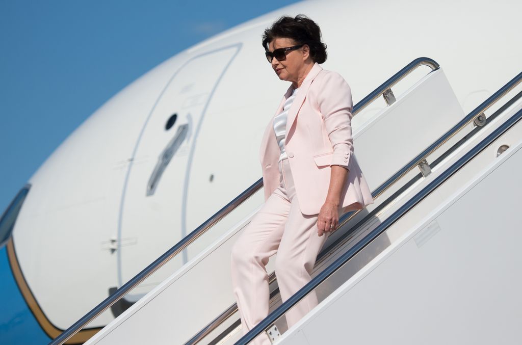 Amalija Knavs, mother of First Lady Melania Trump, disembarks from Air Force One upon arrival at Morristown Municipal Airport in Morristown, New Jersey, June 29, 2018