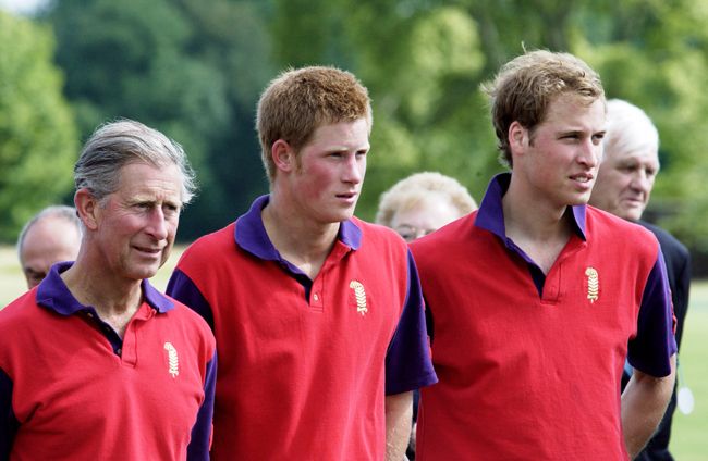 King Charles, Prince Harry and Prince William in red polo outfits