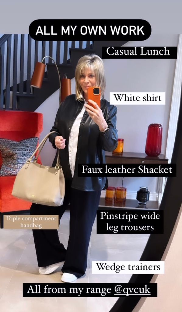 Ruth Langsford wearing wide-leg trousers and leather shacket