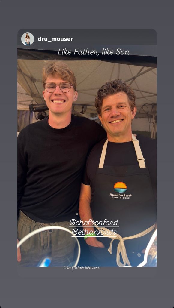 Ben Ford and his son Ethan Ford pose for a photo together at the Manhattan Beach Food & Wine Festival, shared by the former's girlfriend Dru Mouser on Instagram