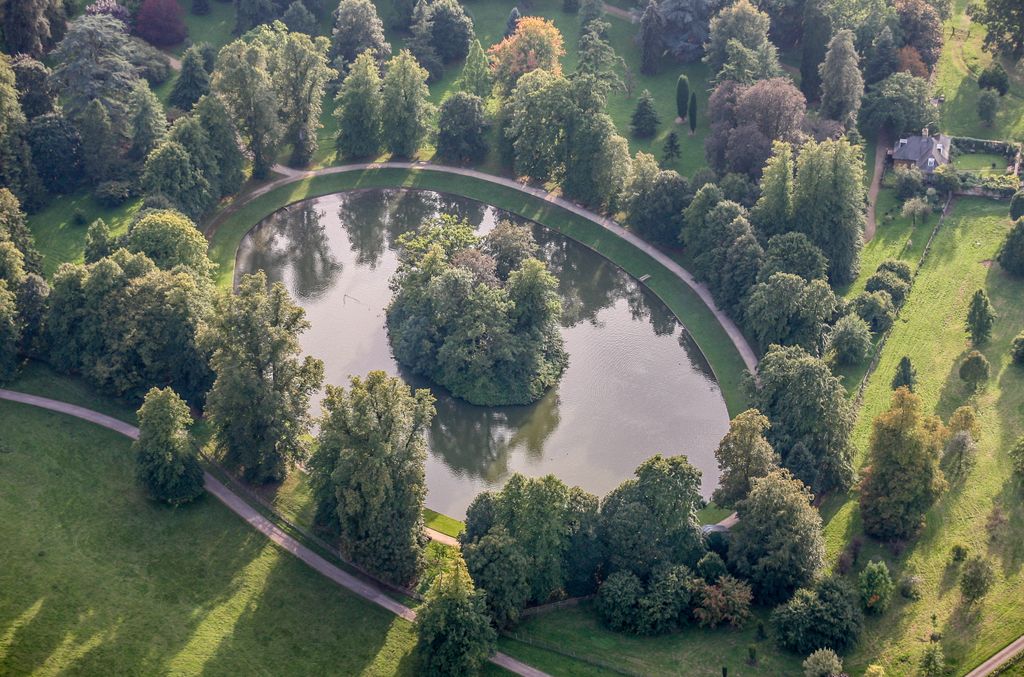 An aerial view of the burial site of Diana, Princess of Wales on the Round Oval lake 