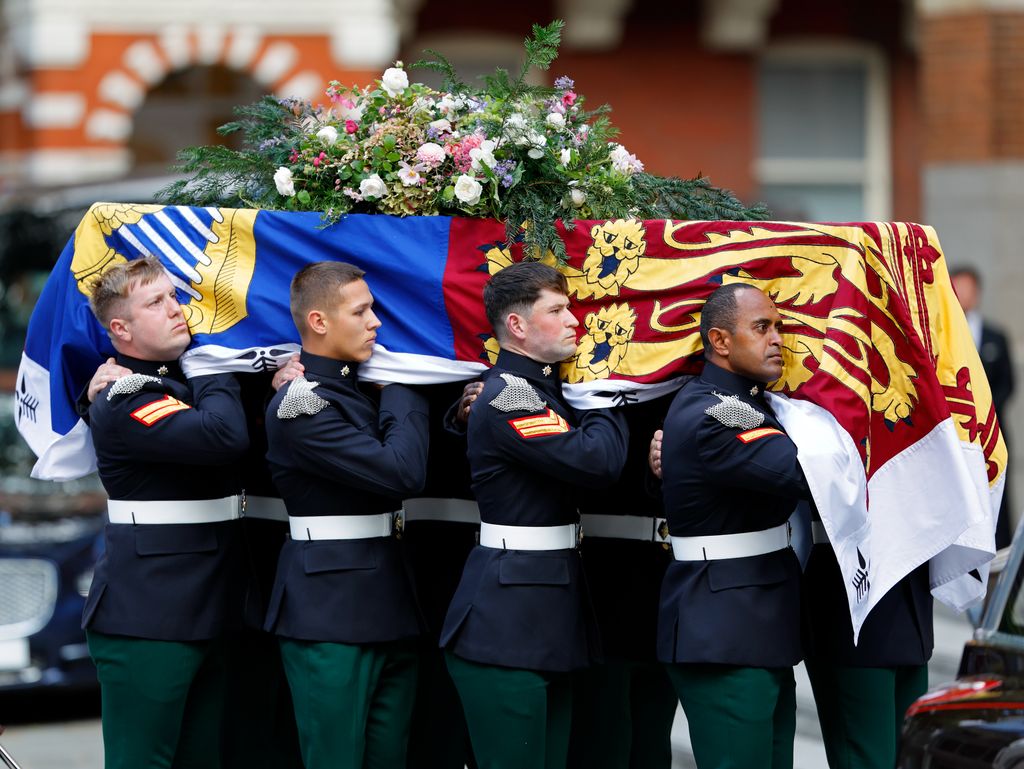 Pallbearers from The Royal Dragoon Guards carry Katharine, Duchess of Kent's coffin