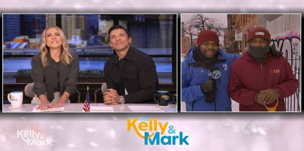 Kelly Ripa and Mark Consuelos in studio split screen with weather report