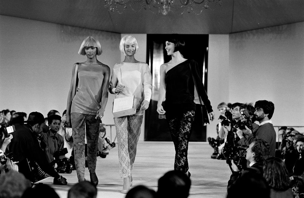 Models Naomi Campbell, Linda Evangelista and Christy Turlington walk the Bill Blass Spring 1991 Ready To Wear Collection Runway Show
