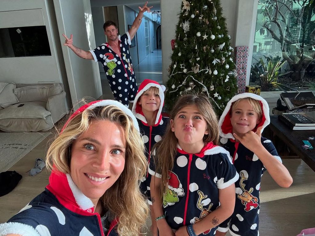 Chris Hemsworth, Elsa Pataky and their three children, India, Tristan and Sasha, pose for a family Christmas selfie, shared on Instagram