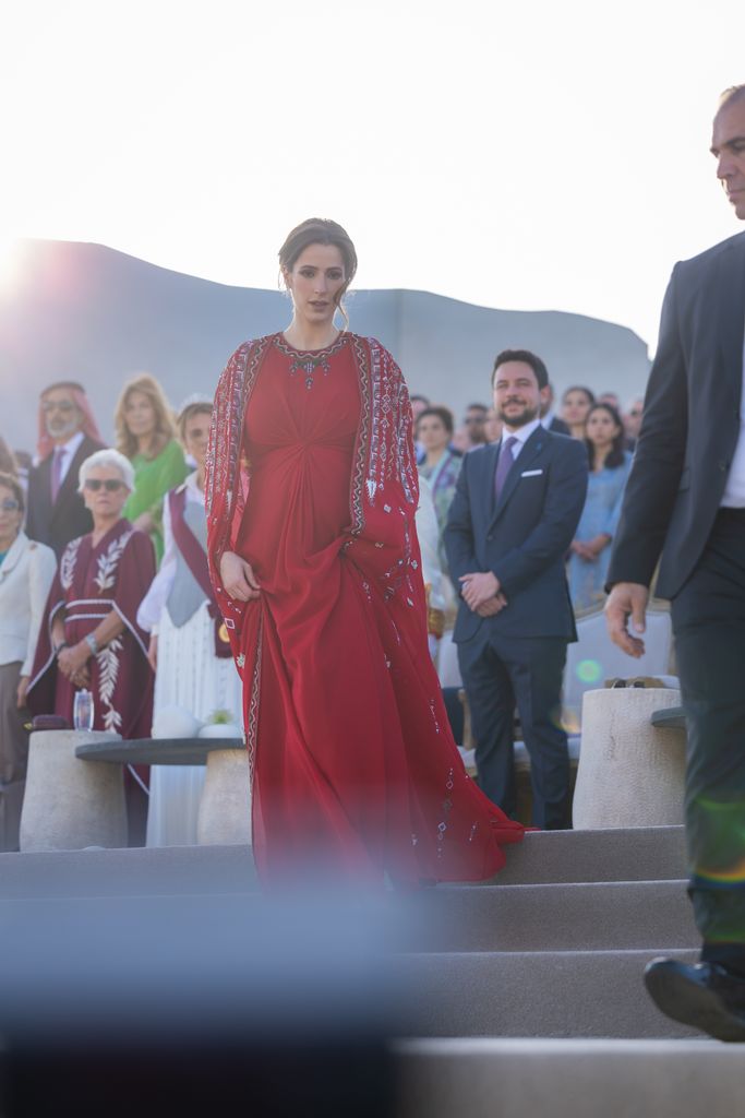 Pregnant Princess Rajwa dazzled in a bespoke Honayda gown designed by Honayda Serafi and crafted by Jordanian artisans