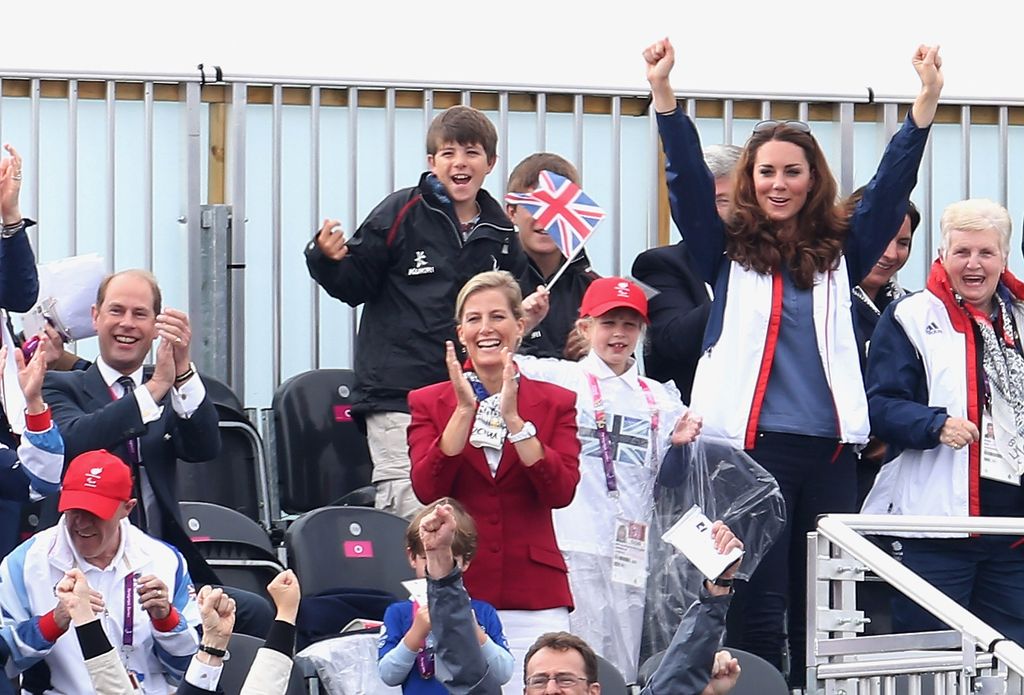 Edward, Sophie, Lady Louise Windsor and Kate Middleton cheering at the London 2012 Paralympics