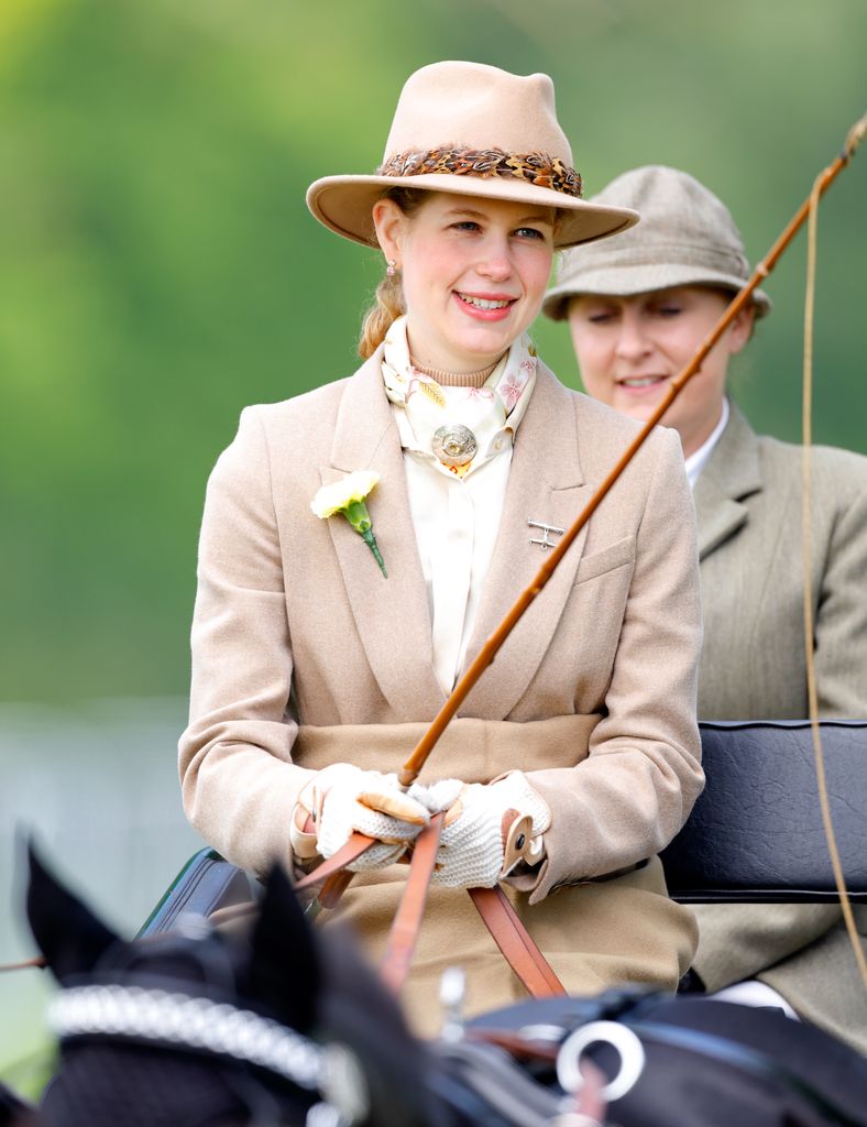 Lady Louise Windsor smiling during carriage driving at Royal Windsor Horse Show