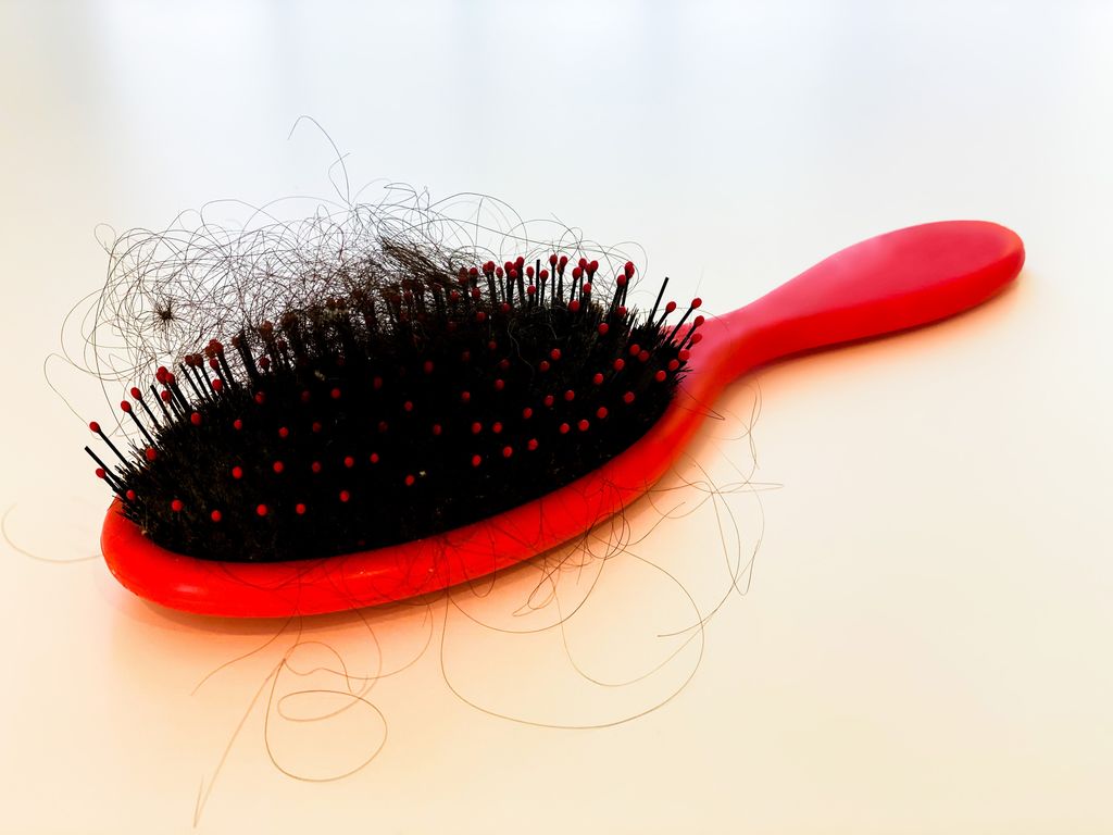 Clumps of hair on red hairbrush