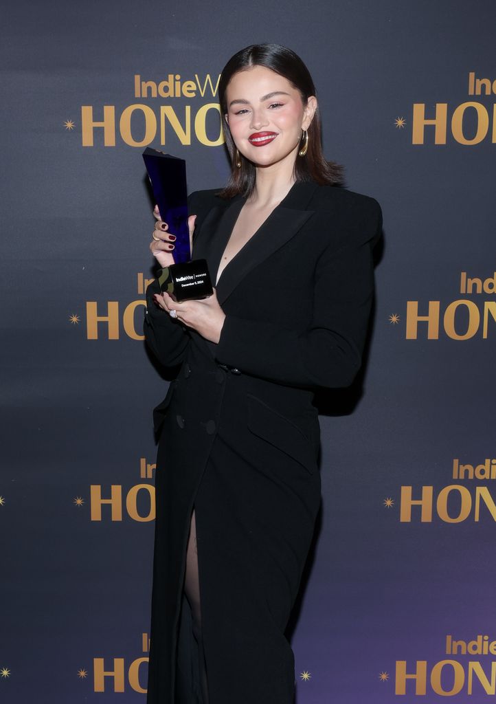 Selena Gomez poses with the Spotlight Award for "Emilia Perez" at IndieWire Honors 2024 at Citizen News on December 05, 2024 in Los Angeles, California. (Photo by Rich Polk/IndieWire via Getty Images)