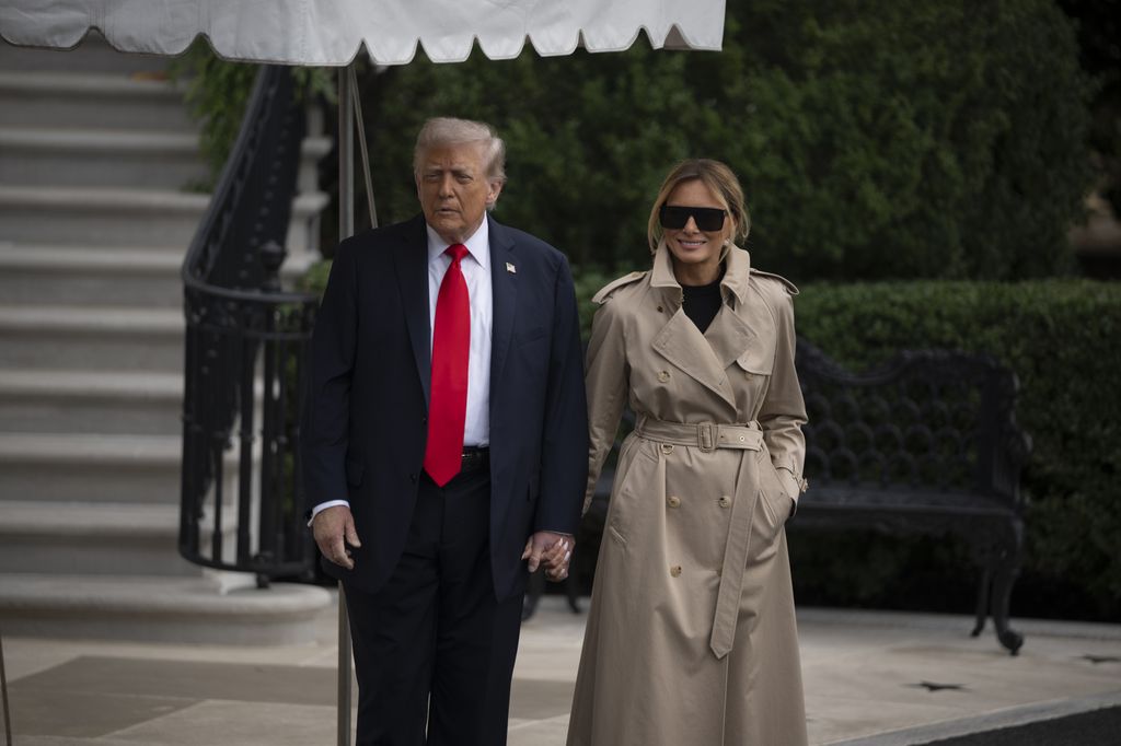 Donald Trump and Melania Trump walk to the Marine One for departs at the White House to London, United Kingdom on September 16, 2025, in Washington DC