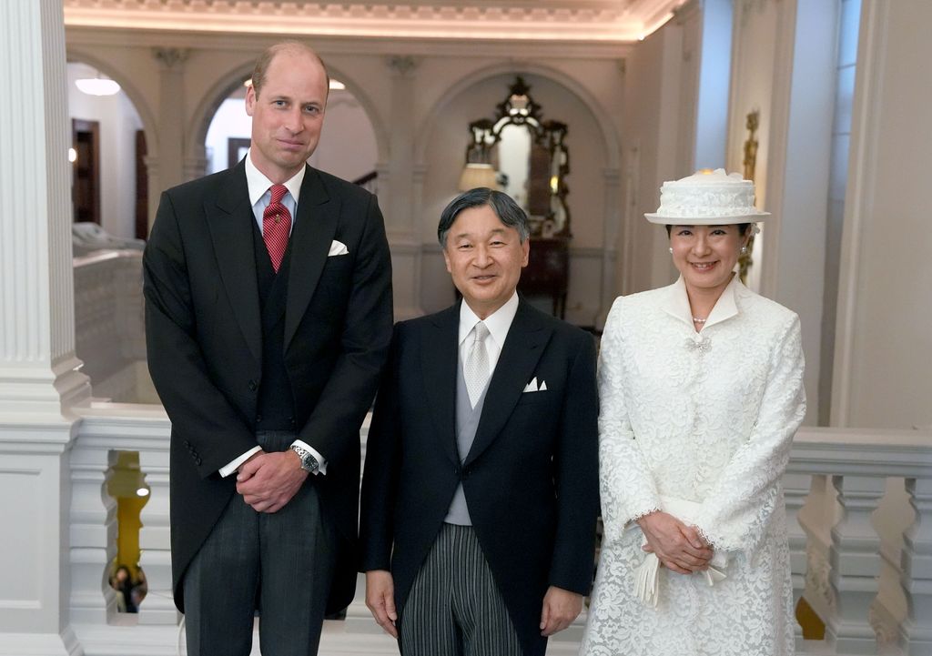 Prince William greets Emperor Naruhito and his wife Empress Masako of Japan at their hotel, on behalf of the King, before the ceremonial welcome at Horse Guards Parade