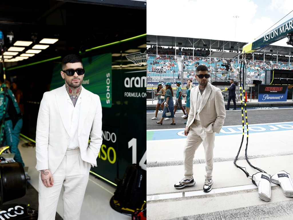 Zayn Malik attended the 2024 Miami F1 Grand Prix in a light linen-blend suit, shirt, sneakers and eyewear by BOSS