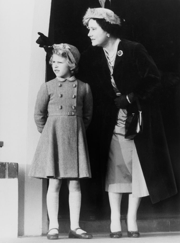 The Queen Mother and Princess Anne in  1957 waiting for the arrival of her mother and father at London Airport 