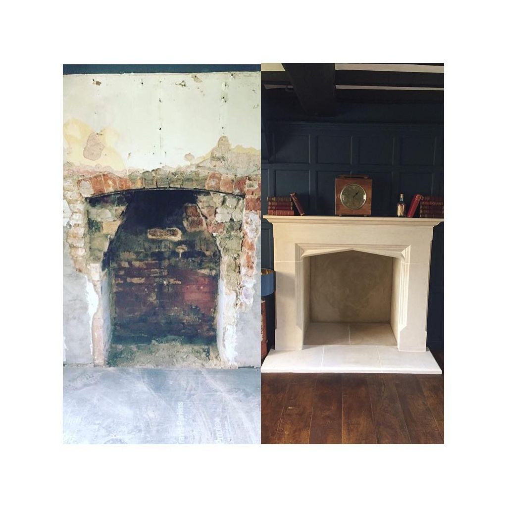 A before and after photo of a fireplace in Amanda Holden's home 