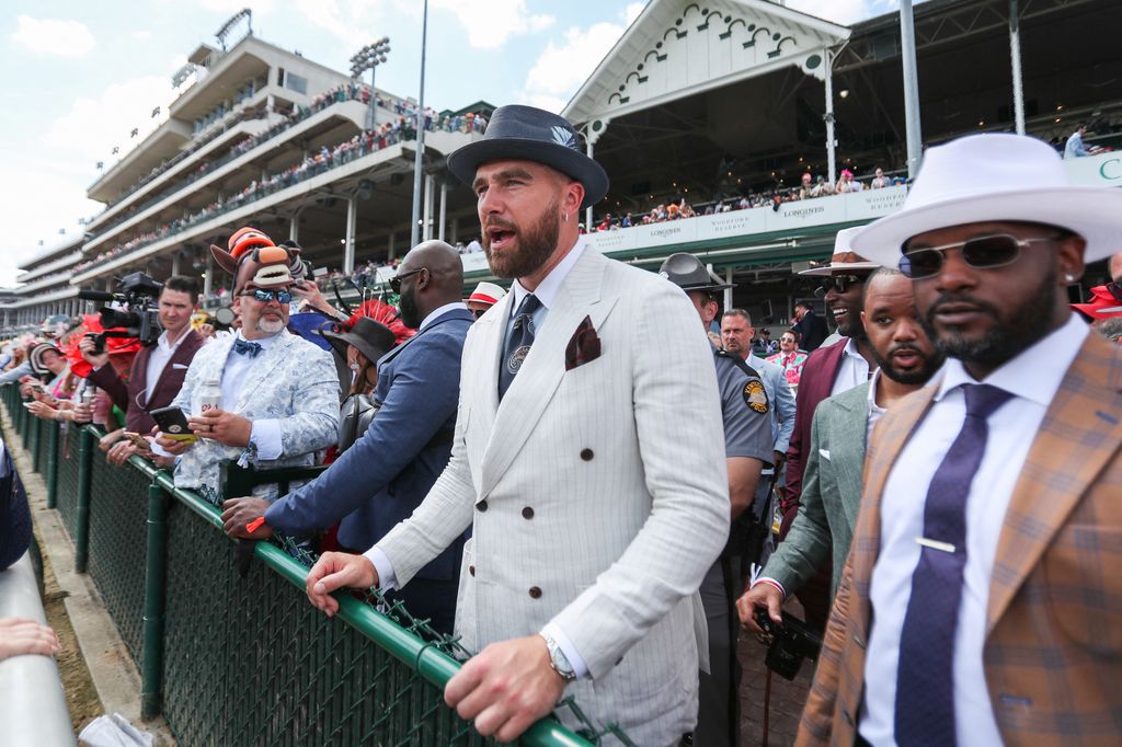 Travis Kelce enjoys a race at the 150th running of the Kentucky Derby at Churchill Downs on May 4, 2024