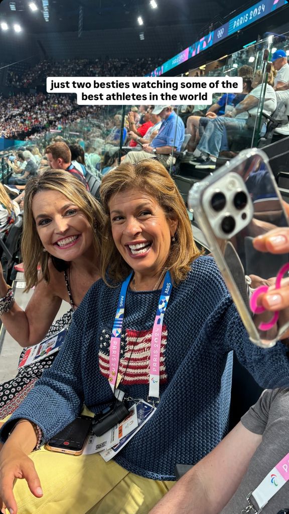 Hoda Kotb and Savannah Guthrie take a selfie while watching the women's artistic gymnastics team finals at the 2024 Summer Olympic Games