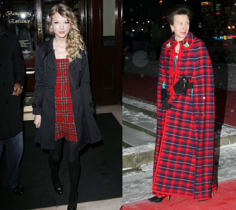 Princesa Anne e Taylor Swift em xadrez vermelho