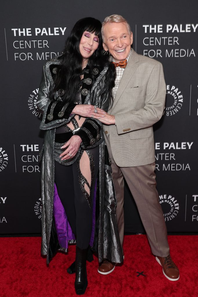 Cher and Bob Mackie at the world premiere of "Bob Mackie: Naked Illusion" hosted by The Paley Center for Media and held at the Directors Guild of America on May 13, 2024 in Los Angeles, California.