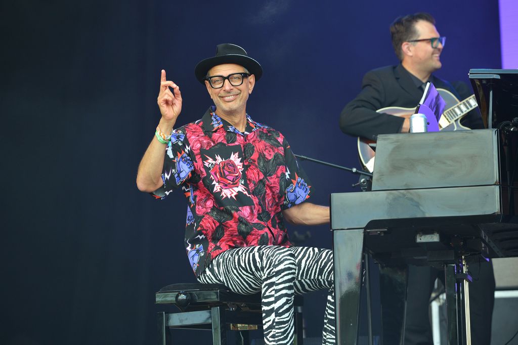 GLASTONBURY, ENGLAND - JUNE 30: Jeff Goldblum performs with the Mildred Snitzer Orchestra during day five of Glastonbury Festival at Worthy Farm, Pilton on June 30, 2019 in Glastonbury, England. The festival, founded by farmer Michael Eavis in 1970, is the largest greenfield music and performing arts festival in the world. Tickets for the festival sold out in just 36 minutes as it returns following a fallow year. (Photo by Jim Dyson/Getty Images)