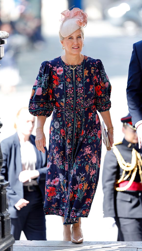 duchess sophie wearing blue floral dress and pink hat