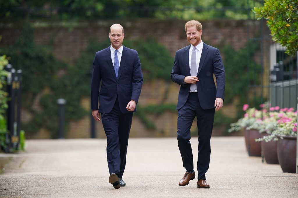 Prince William and Prince Harry arrive for the unveiling of a statue they commissioned of their mother Diana, Princess of Wales, in the Sunken Garden in 2021