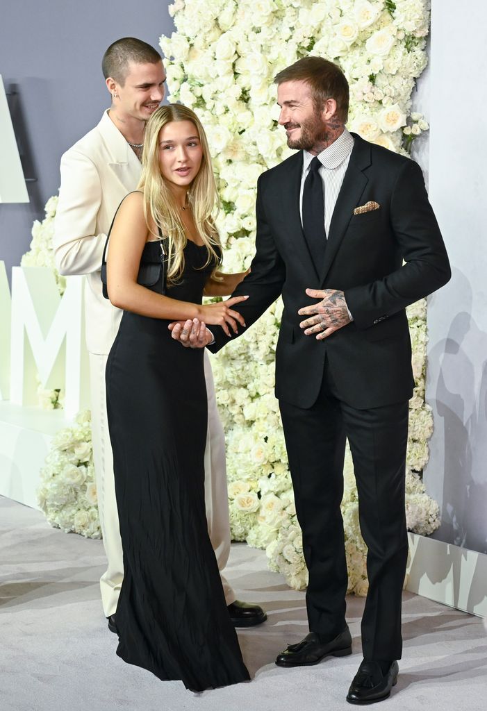 Romeo Beckham, Harper Beckham and David Beckham attend the "Victoria Beckham" World Premiere at the Curzon Mayfair on October 08, 2025 in London, England