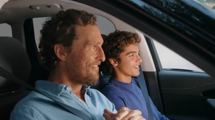 Photo of Matthew McConaughey with his son Levi from a partnership with Lincoln in honor of Father's Day and the teenager learning how to drive.