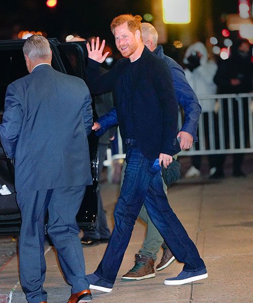 Prince Harry waves after leaving The Late Show studios in New York