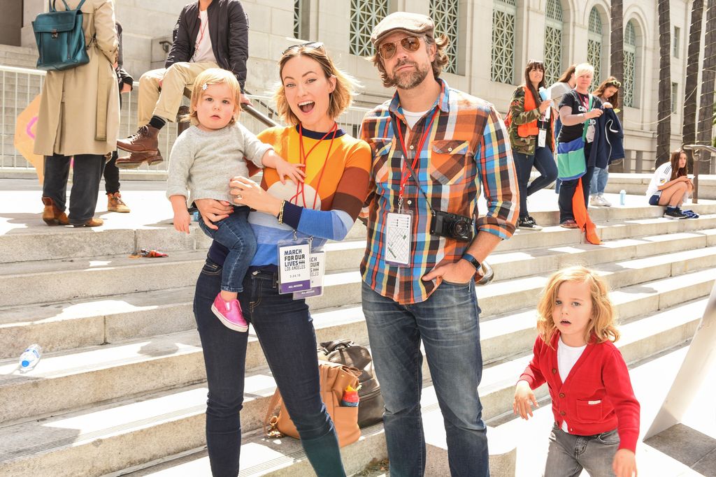 Olivia Wilde and Jason Sudeikis with their kids Daisy and Otis at March For Our Lives Los Angeles