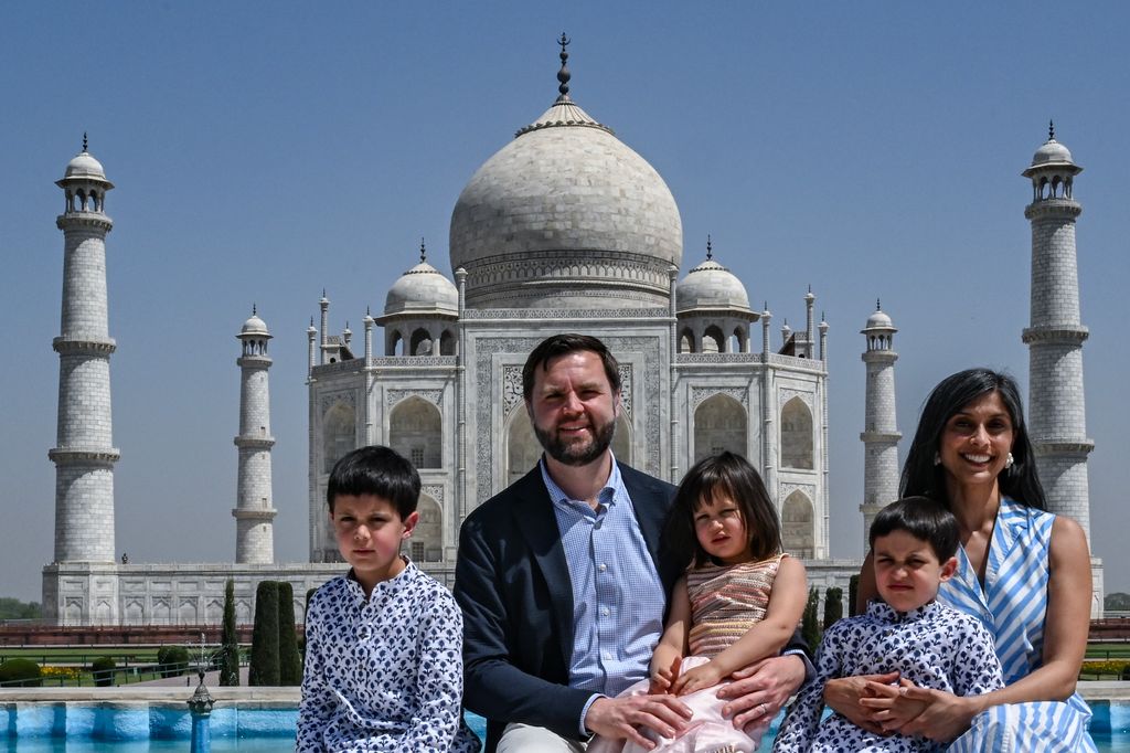 U.S. Vice President JD Vance and his family, including wife Usha Vance, visit the Taj Mahal on April 23, 2025 in Agra, India. Vance and Indian Prime Minister Narendra Modi yesterday indicated progress had been made in talks for a trade deal between the two countries as New Delhi attempts to boosts ties with the Trump administration and avoid steep U.S. tariffs.