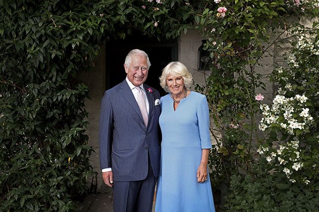 King Charles in a suit and Camilla in a blue dress posing togeth