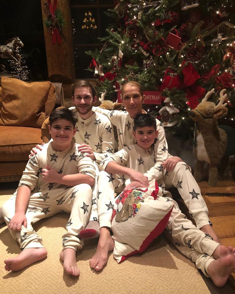 Celine Dion with her three sons at Christmas in matching pyjamas