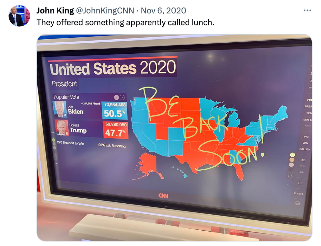 Tweet shared by CNN's John King during the 2020 election week joking about his famed Magic Wall.