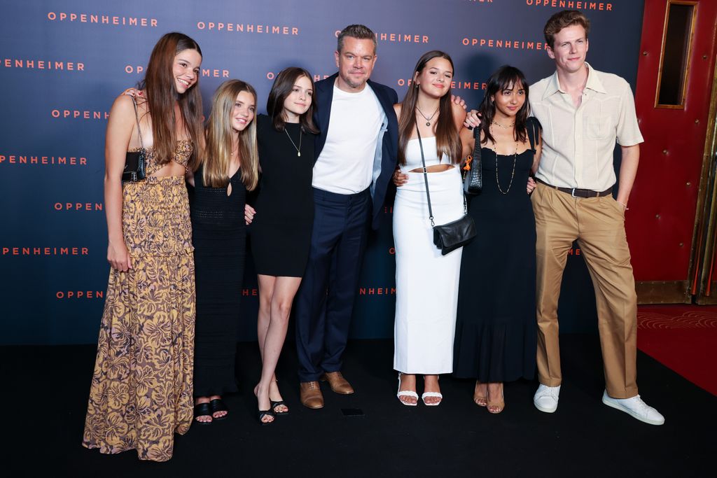Guests, Stella Damon, Matt Damon, Gia Damon, Alexia Barroso and guest attend the "Oppenheimer" premiere at Cinema Le Grand Rex on July 11, 2023 in Paris, France