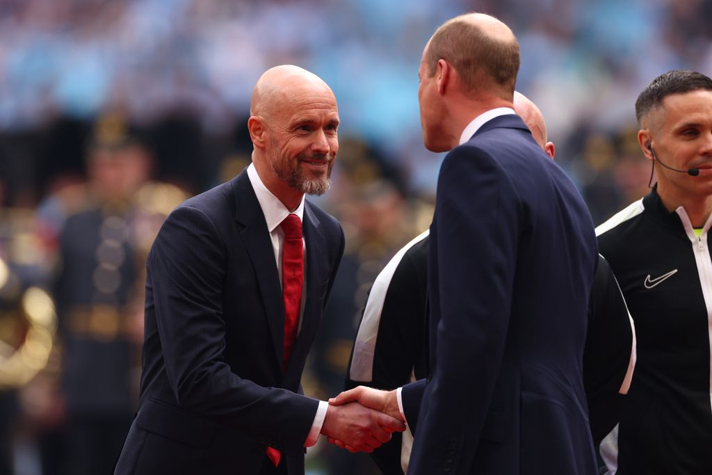 Manchester United manager Erik ten Hag shakes hands with Prince William ahead of the Emirates FA Cup Final match 
