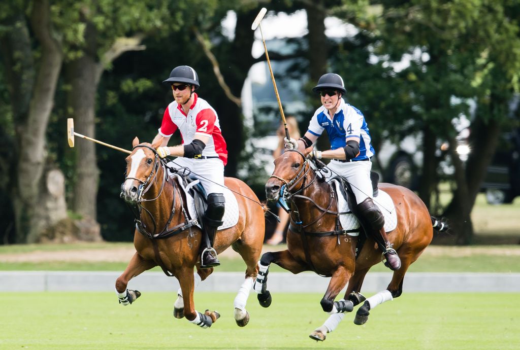 Prince William, Duke of Cambridge and Prince Harry, Duke of Sussex play during The King Power Royal Charity Polo Day