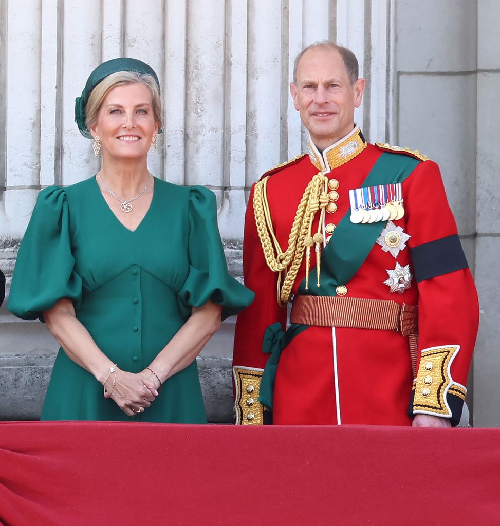 Sophie, Duchess of Edinburgh and Prince Edward, Duke of Edinburgh smile from the balcony during Trooping The Colour 2025