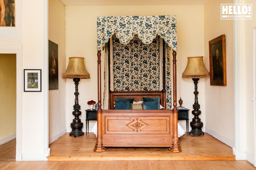 Catherine Roger's bedroom with four poster bed at Chateau Marcellus near Bordeaux